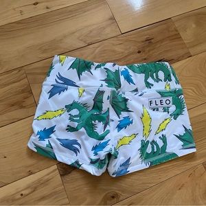 Fleo White Athletic Shorts with Green and Blue Dragon Print